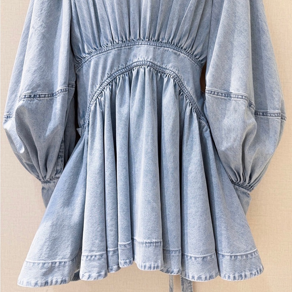 Zimmermann Light Blue Denim Wrap Mini Dress with Balloon Sleeves - Picture 2 of 6